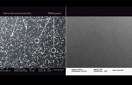 11. Raffronto tra composito MRP (sinistra) e PMMA (destra) al microscopio elettronico a scansione (SEM).