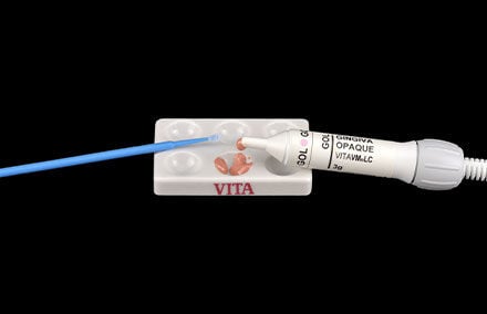 18. Le masquage des parties basales de l'infrastructure a été  réalisé avec VITA VM LC GINGIVA OPAQUE.