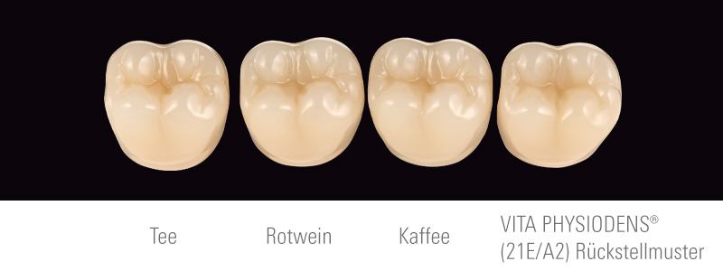 Farbstabilität und maximale Ästhetik: VITA Zähne weisen nach Einlagerung in Tee, Rotwein und Kaffee keine Verfärbung auf.