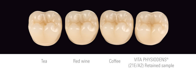Color stability and maximum aesthetics: VITA teeth show no discoloration after storage in tea, red wine and coffee.