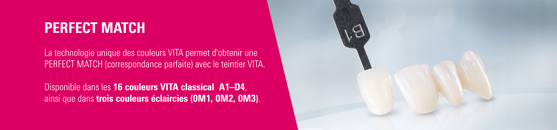 PERFECT MATCH - La technologie unique des couleurs VITA permet d'obtenir une PERFECT MATCH (correspondance parfaite) avec le teintier VITA. Disponible dans les 16 couleurs VITA classical  A1–D4, ainsi que dans trois couleurs éclaircies (0M1, 0M2, 0M3).